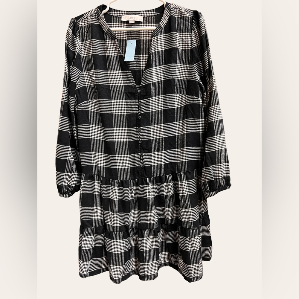 LOFT Black and White Plaid Flannel Dress.  Size 12P. NWT